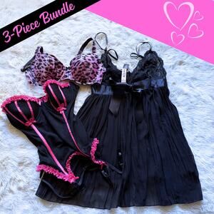 3 Piece Bundle Victoria's Secret Lingerie Bra BabyDoll Corset Pink Black SZ MED